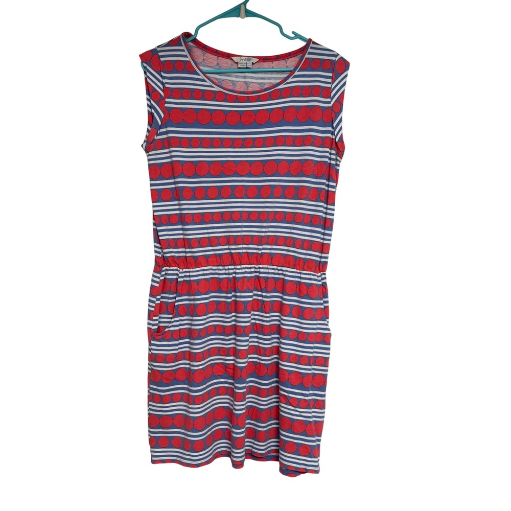 Boden Red Polka Dot Striped Sleeveless Jersey Dress Blue White US 10P WH758